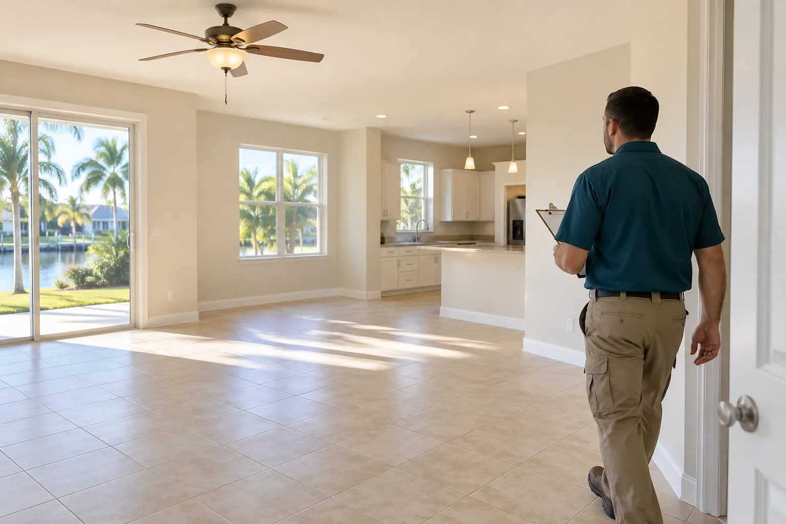 Worker completing a final walkthrough of an empty property
